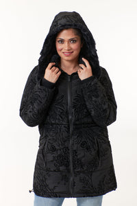 -High End OuterwearDesigual, puffer coat with cut velvet floral in black