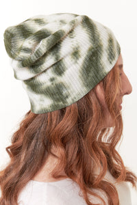 -Crush Cashmere, Sustainable Cashmere beanie in tye dye olive