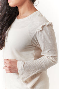 WILT,Cotton,  Bell sleeve ruffle tunic in off white-Long Sleeve