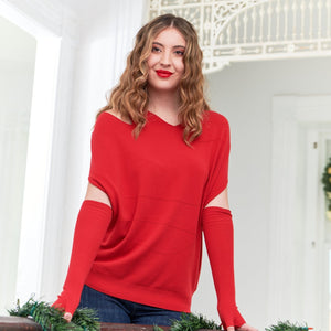 Oblique Creations, fine knit cut out pointelle sweater with sleeve gauntlets-Italian Designer Collection-