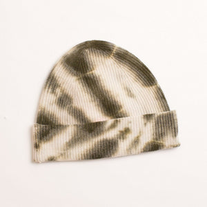 Crush Cashmere, Sustainable Cashmere beanie in tye dye olive-Crush Cashmere, Sustainable Cashmere beanie in tye dye olive