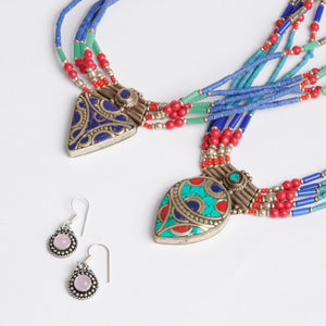 Sterling Silver, handcrafted lapis or turquoise beaded medallion necklace-Sterling Silver, handcrafted lapis or turquoise beaded medallion necklace