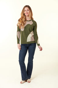 Kokun, 4 ply cashmere, long sleeve crew sweater in camoflauge olive-Sale