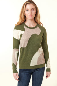 Kokun, 4 ply cashmere, long sleeve crew sweater in camoflauge olive-Exclusive Offers - 50% Off