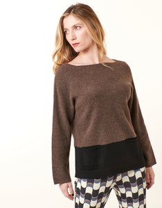 Kier & J, boatneck color block cashmere sweater in olive-Kier & J, boatneck color block cashmere sweater in olive