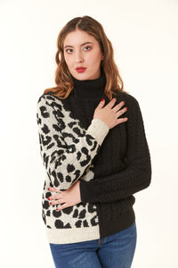 Desigual, cable knit turtleneck sweater in black cheetah-Desigual, cable knit turtleneck sweater in black cheetah