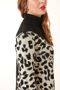 Desigual, cable knit turtleneck sweater in black cheetah-Desigual, cable knit turtleneck sweater in black cheetah