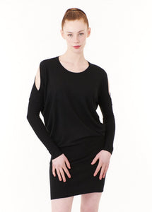 Lovestitch, Modal Knit, mini dress with cold shoulder in black-Sale