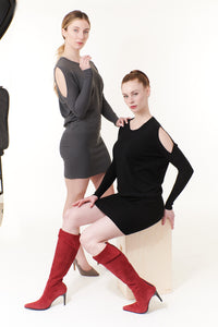 Lovestitch, Modal Knit, mini dress with cold shoulder in charcoal-Mini Dress