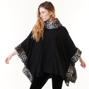 -OuterwearCapote, fleece cowl neck poncho with faux cheetah