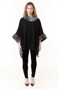 Capote, fleece cowl neck poncho with faux cheetah-Capote, fleece cowl neck poncho with faux cheetah