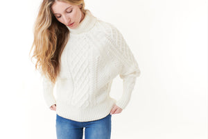 Lovestitch, cotton cable knit fishermans sweater in ivory-