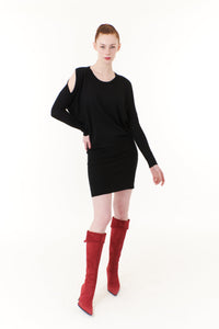 Lovestitch, Modal Knit, mini dress with cold shoulder in black-