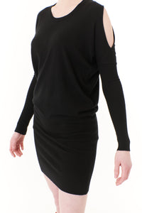 Lovestitch, Modal Knit, mini dress with cold shoulder in black-Dresses
