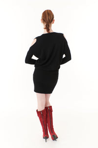 Lovestitch, Modal Knit, mini dress with cold shoulder in black-Tunics