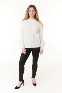Cezele, pearls bejeweled sweater in white diamond knit-
