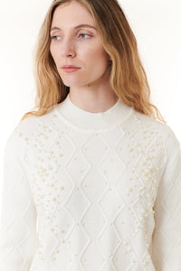 Cezele, pearls bejeweled sweater in white diamond knit-Sale
