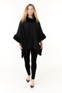 Capote, fleece and faux fur cowl neck poncho with faux black mink-