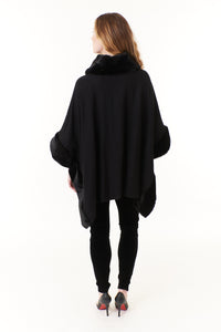 Capote, fleece and faux fur cowl neck poncho with faux black mink-