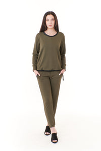 Capote, fleece jogger pants with faux leather black trim in army green-