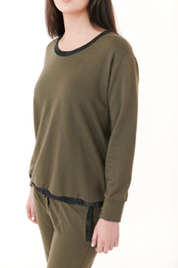Capote, fleece pullover sweatshirt with faux leather trim in army green-Capote, fleece pullover sweatshirt with faux leather trim in army green