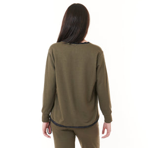 Capote, fleece pullover sweatshirt with faux leather trim in army green-Capote, fleece pullover sweatshirt with faux leather trim in army green