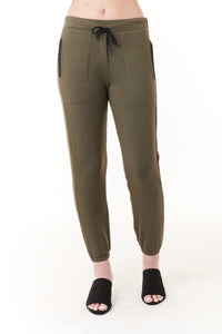 Capote, fleece jogger pants with faux leather black trim in army green-Joggers