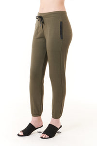 -CapoteCapote, fleece jogger pants with faux leather black trim in army green