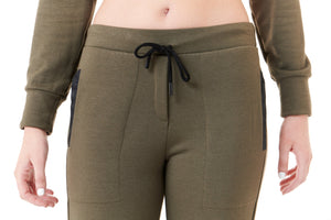 Capote, fleece jogger pants with faux leather black trim in army green-Sale