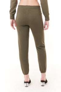 Capote, fleece jogger pants with faux leather black trim in army green-Bottoms