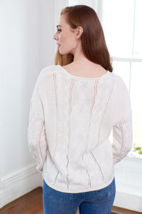 SWTR, linen blend cable knit v neck sweater-Long Sleeve