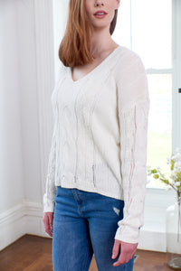 SWTR, linen blend cable knit v neck sweater-SWTR