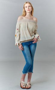 Aratta, reversible off shoulder cotton peasant top with floral embroidery-Blouses
