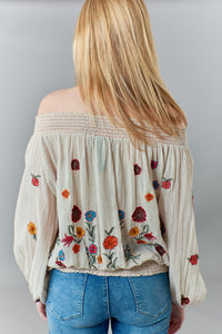 Aratta, reversible off shoulder cotton peasant top with floral embroidery-Promo Eligible