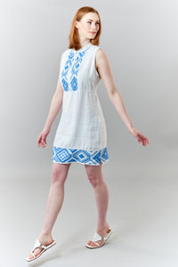 Haris Cotton, Organic Linen sleeveless dress with embroidered panels-Mini Dress