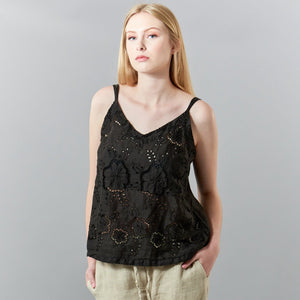 Haris Cotton, strapped linen top with embroidery eyelet-High End