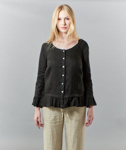 Haris Cotton, organic linen ruffled shirt jacket in black-Haris Cotton, organic linen ruffled shirt jacket in black