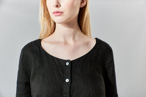 Haris Cotton, organic linen ruffled shirt jacket in black-Haris Cotton, organic linen ruffled shirt jacket in black