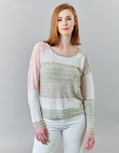 -TopsSWTR, Linen Knit color block round neck pullover sweater
