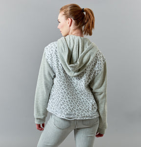 Tractr Jeans, white cheetah denim and knit hooded jacket-