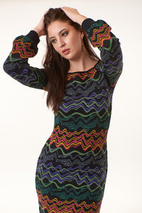 -Printed DressesAldo Martins, Wool Blend, midi sweater dress in black wave print