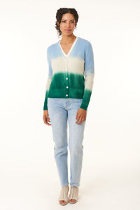 Kier & J, Cashmere ribbed button down pointelle cardigan in ombre blue-Luxury Knitwear
