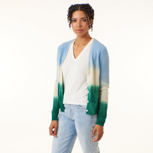 Kier & J, Cashmere ribbed button down pointelle cardigan in ombre blue-Cardigans