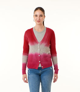 Kier & J, Cashmere ribbed button down pointelle cardigan in ombre red-Jackets