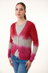 Kier & J, Cashmere ribbed button down pointelle cardigan in ombre red-Fine Knitwear