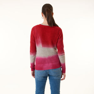 Kier & J, Cashmere ribbed button down pointelle cardigan in ombre red-Cardigans