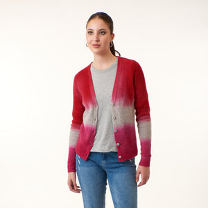 Kier & J, Cashmere ribbed button down pointelle cardigan in ombre red-