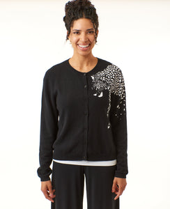 Kier & J, button down cashmere cardigan with cheetah print-