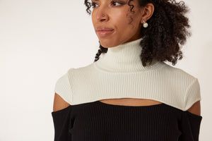 Oblique Creations, Ribbed Knit, color block turtleneck with opening on shoulders, neck and back-Italian Designer Collection-