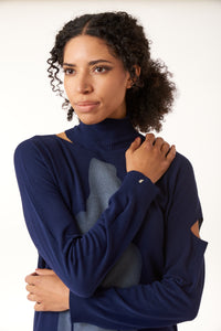 Oblique Creations, fine knit turtleneck sweater with body silhouette and cut outs-Italian Designer Collection-High End